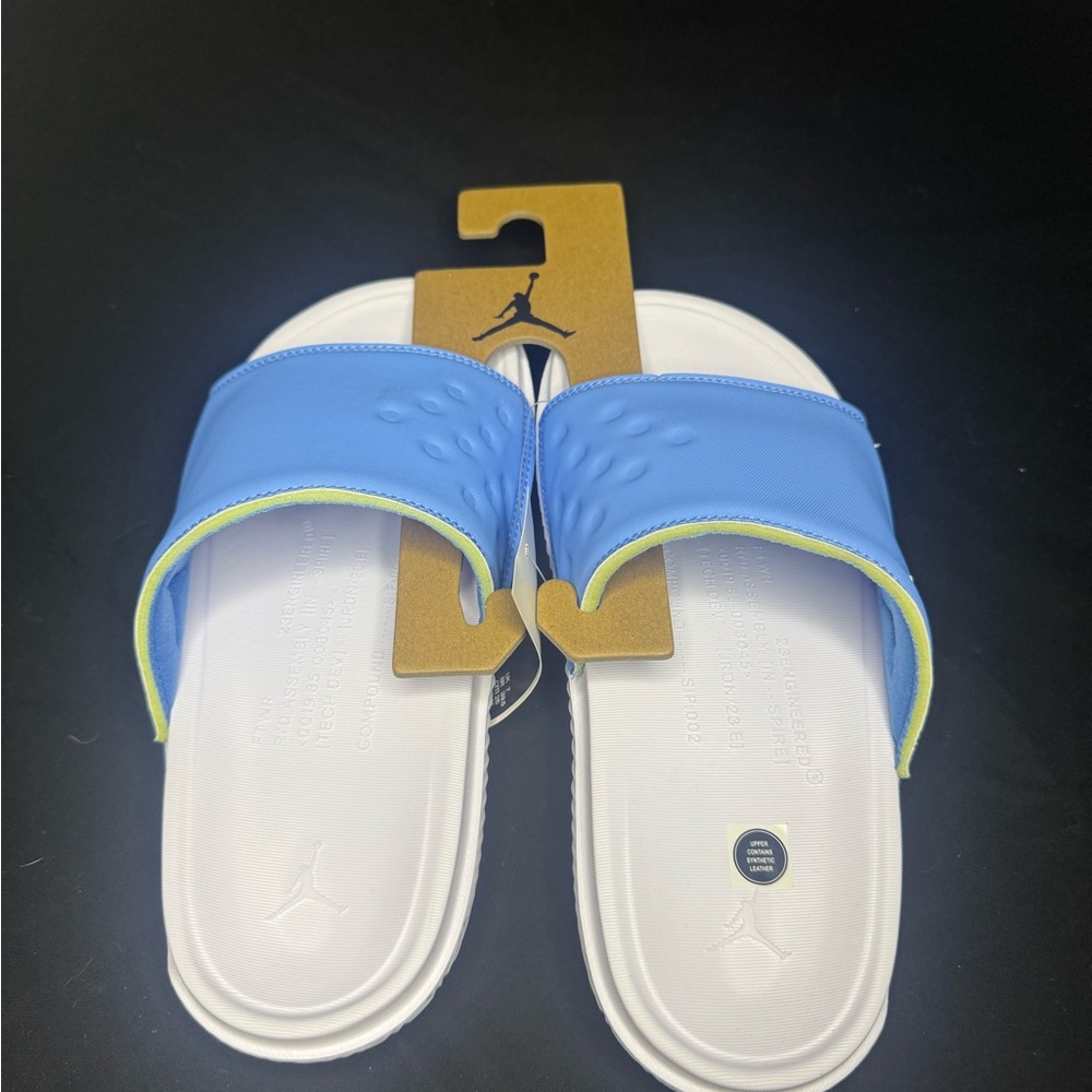 Jordan Blue and White Slide Sandals with Lime Trim